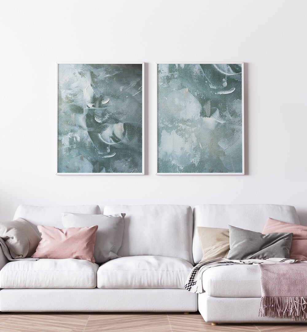 Elevate your decor with the GREEN AND WHITE ACRYLIC SET, SET OF 2 PAINTINGS, perfect for modern living spaces.