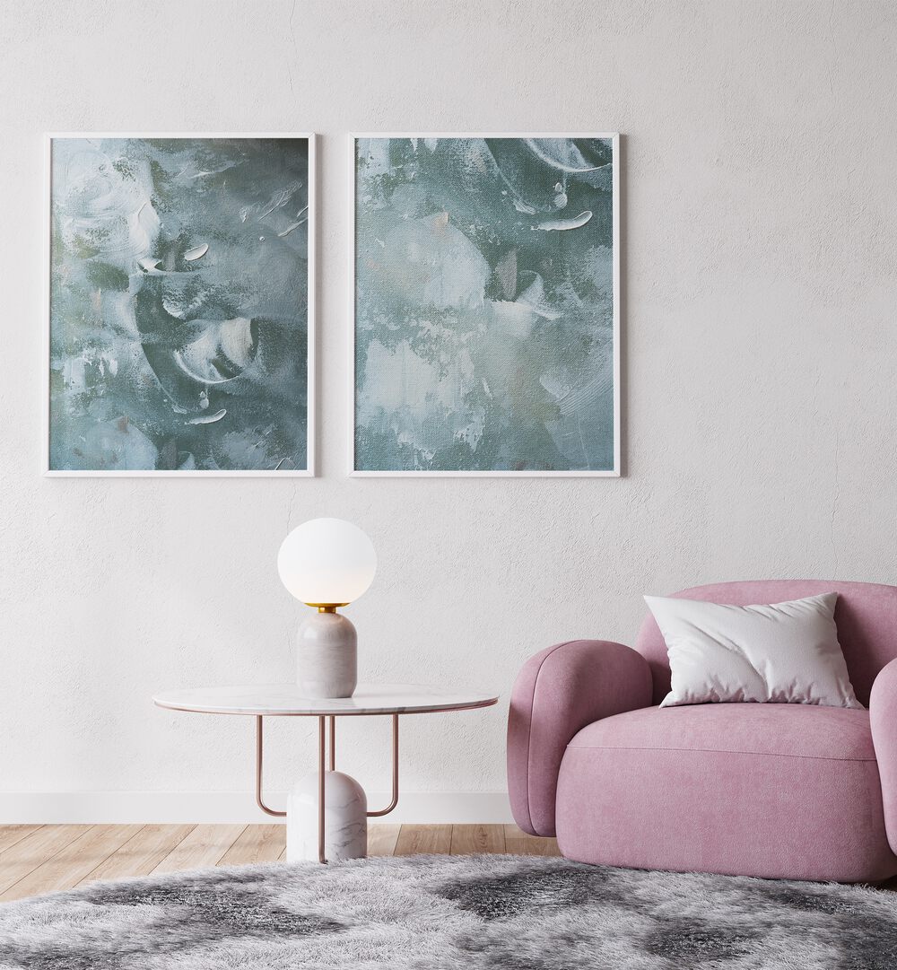 Enhance your decor with the GREEN AND WHITE ACRYLIC SET, SET OF 2 PAINTINGS, perfect for contemporary living spaces.