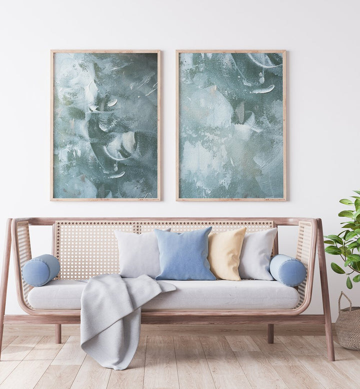 Enhance your decor with the GREEN AND WHITE ACRYLIC SET, SET OF 2 PAINTINGS, perfect for contemporary living spaces.