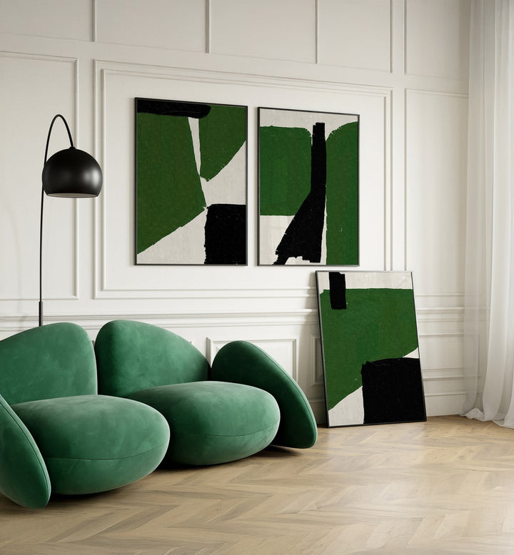 Transform your space with the GREEN BLACK OIL ABSTRACT SET, SET OF 3 PAINTINGS featuring rich green and bold black hues.
