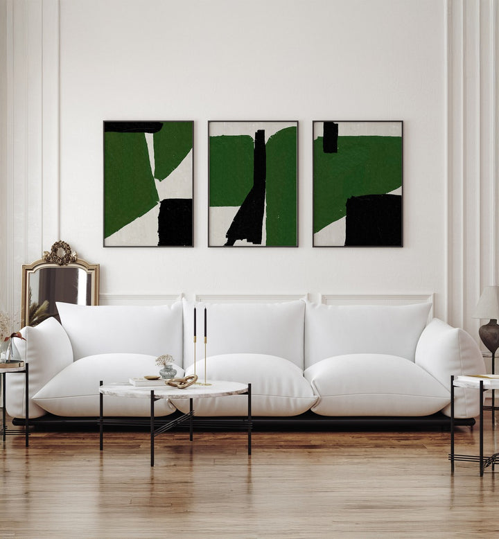 Transform your space with the GREEN BLACK OIL ABSTRACT SET, SET OF 3 PAINTINGS showcasing rich green and black hues.
