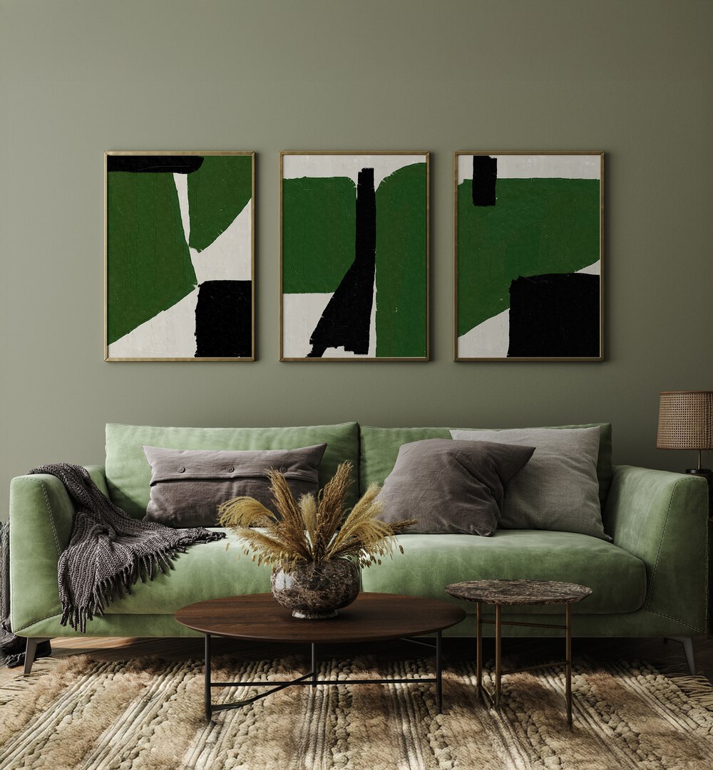 Stunning GREEN BLACK OIL ABSTRACT SET, SET OF 3 PAINTINGS enhancing modern decor with rich green and black hues.