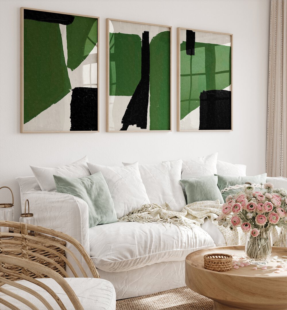 Elevate your space with the GREEN BLACK OIL ABSTRACT SET, SET OF 3 PAINTINGS featuring rich green and deep black hues.