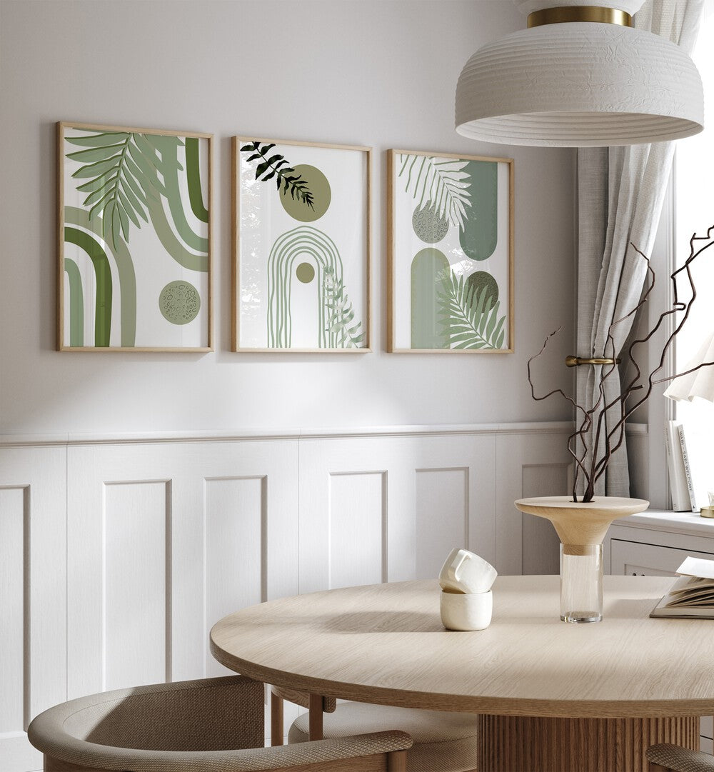 Enhance your décor with the GREEN BOHEMIAN SET, SET OF 3 PAINTINGS, showcasing vibrant, bohemian designs.