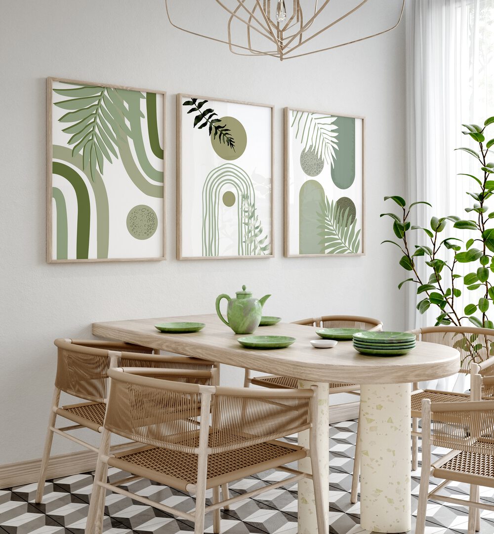 Enhance your decor with the GREEN BOHEMIAN SET, SET OF 3 PAINTINGS showcasing vibrant bohemian designs.