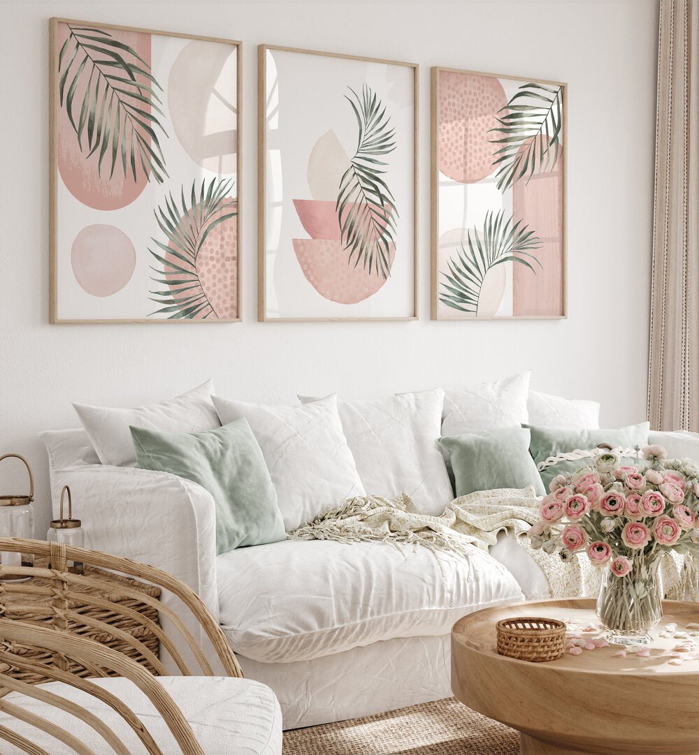 Stylish living room featuring the GREEN FERNS SET, SET OF 3 PAINTINGS that enhance natural elegance and serenity.