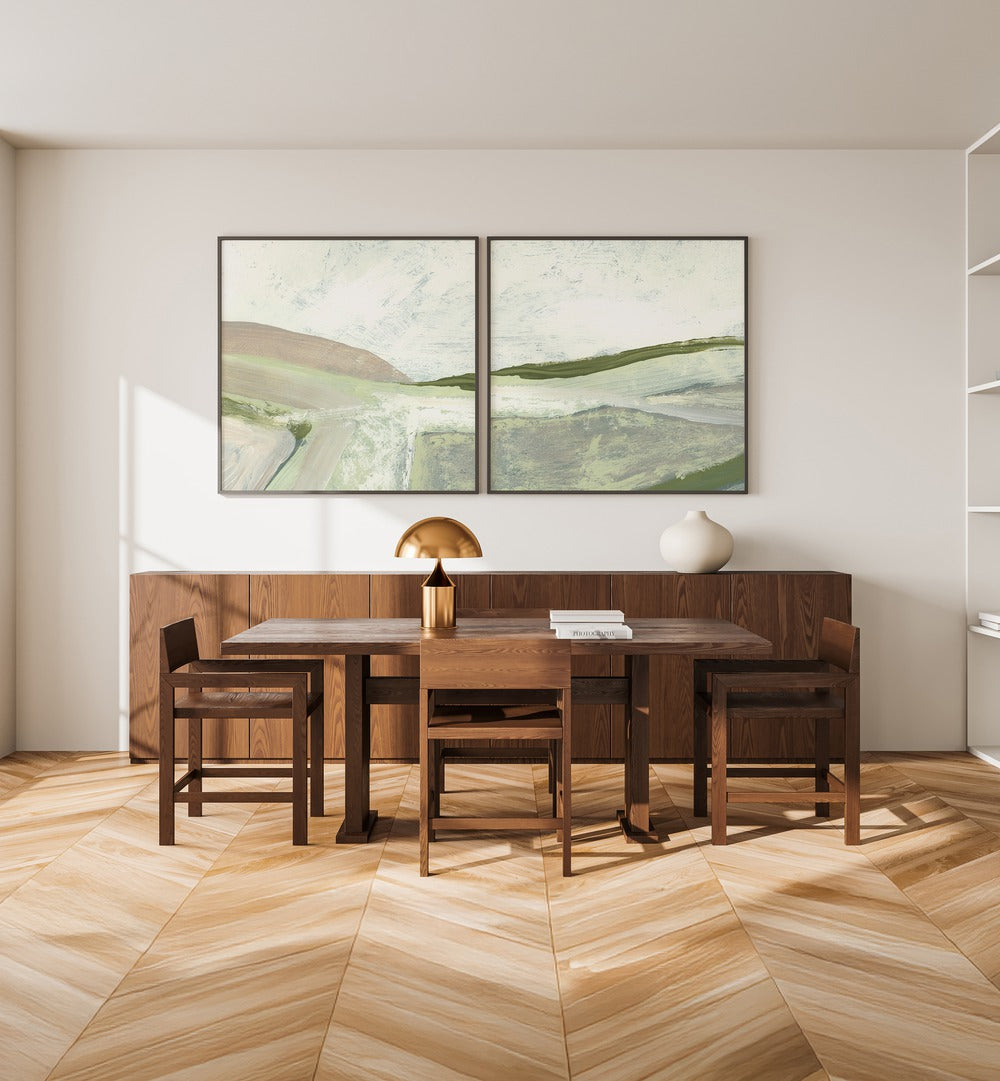 Transform your space with the GREEN FILEDS ABSTRACT SET, SET OF 2 PAINTINGS, showcasing serene green and earthy tones.