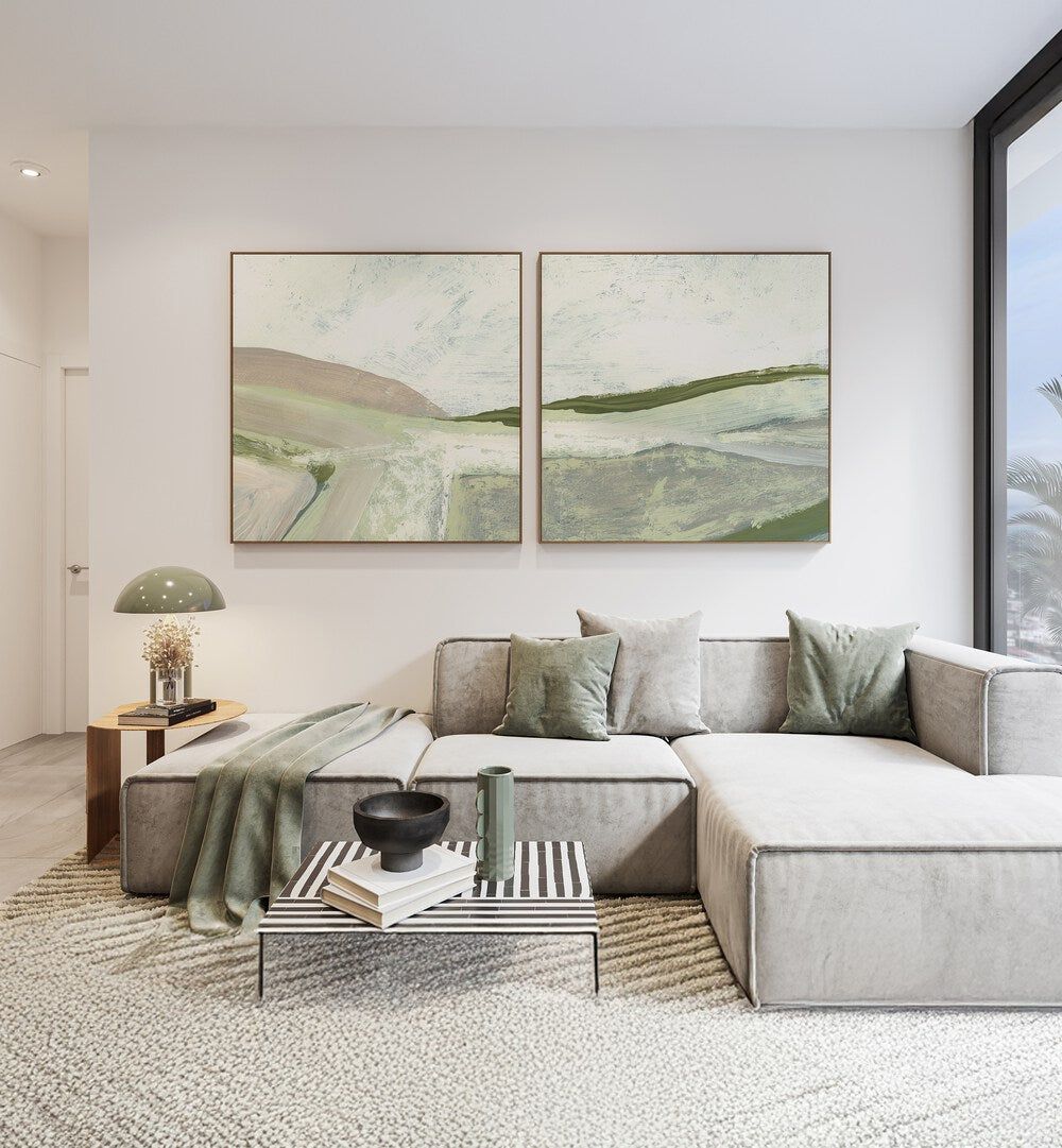 Transform your space with the GREEN FILEDS ABSTRACT SET, SET OF 2 PAINTINGS showcasing serene green tones.