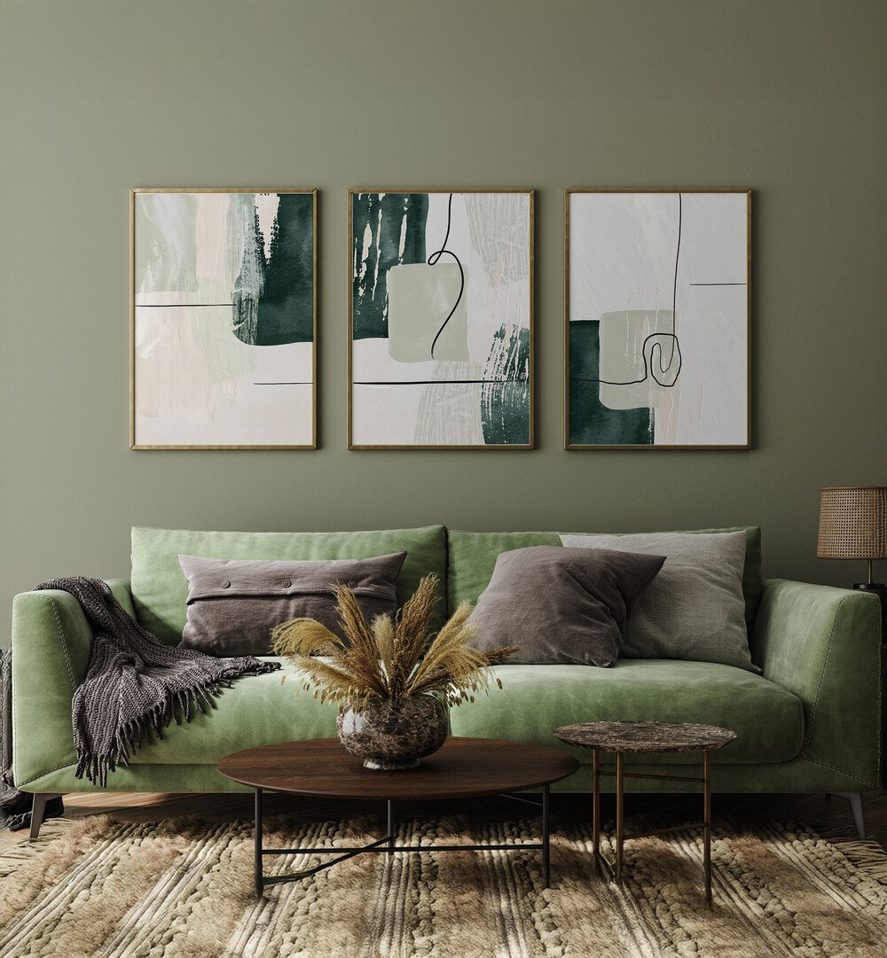 Elevate your decor with the GREEN SHAPES ABSTRACTION SET, SET OF 3 PAINTINGS for a modern artistic touch.