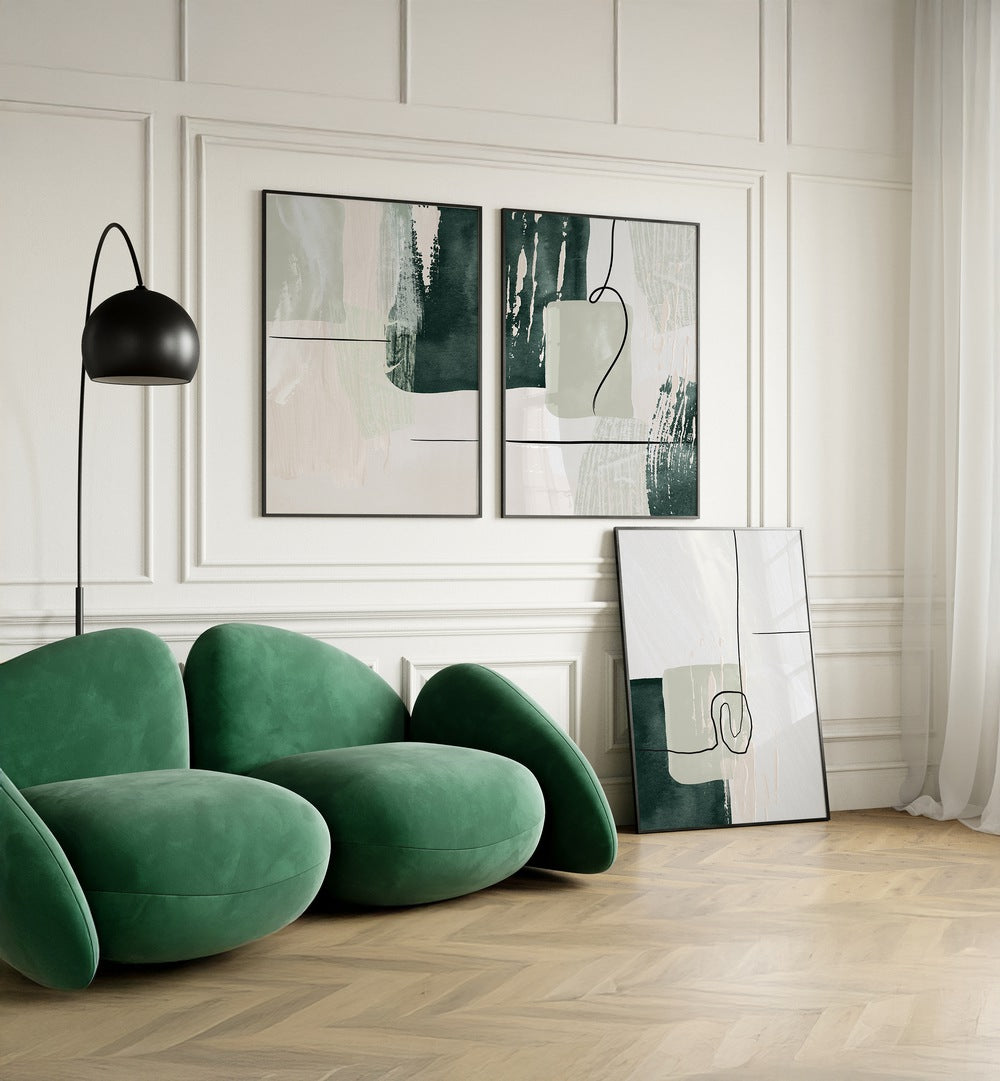 Stylish living room featuring the GREEN SHAPES ABSTRACTION SET, SET OF 3 PAINTINGS for a modern aesthetic.