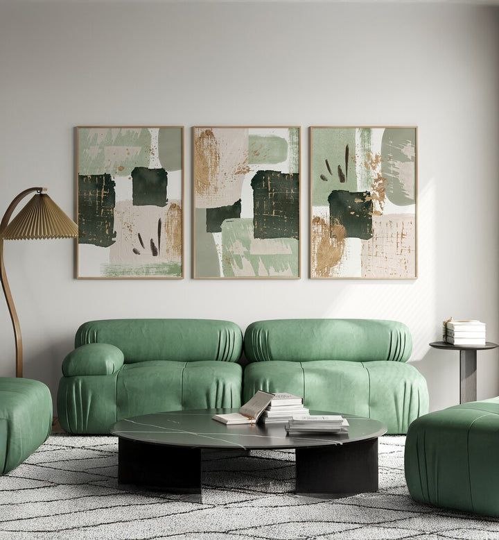 Enhance your decor with the GREENS OF CURIOUSITY SET, SET OF 3 PAINTINGS, perfect for a tranquil living space.