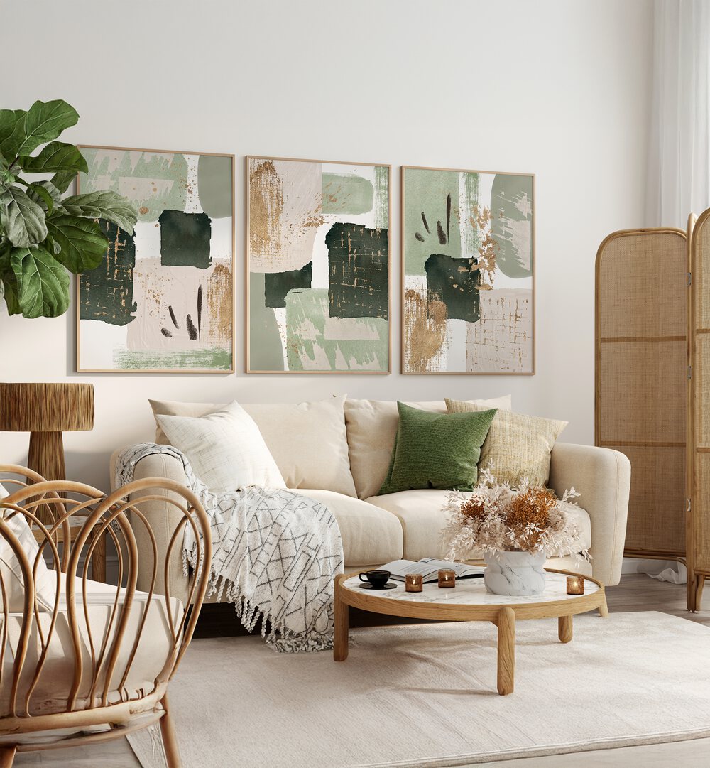 Transform your space with the GREENS OF CURIOUSITY SET, SET OF 3 PAINTINGS, featuring calming abstract designs.