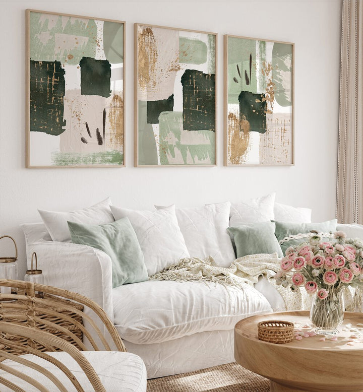 Elegant GREENS OF CURIOUSITY SET, SET OF 3 PAINTINGS adds tranquility and style to any living space.