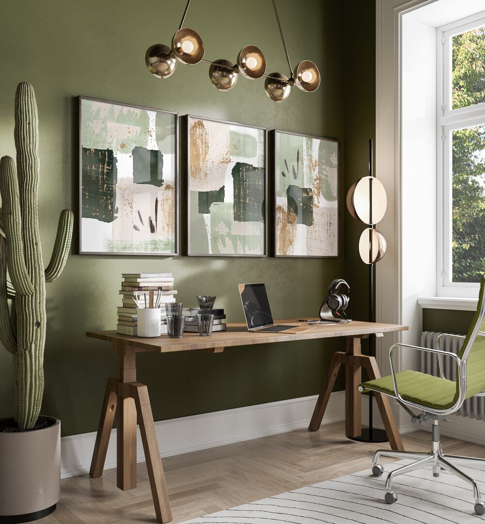 Enhance your decor with the GREENS OF CURIOUSITY SET, SET OF 3 PAINTINGS, perfect for a tranquil living space.