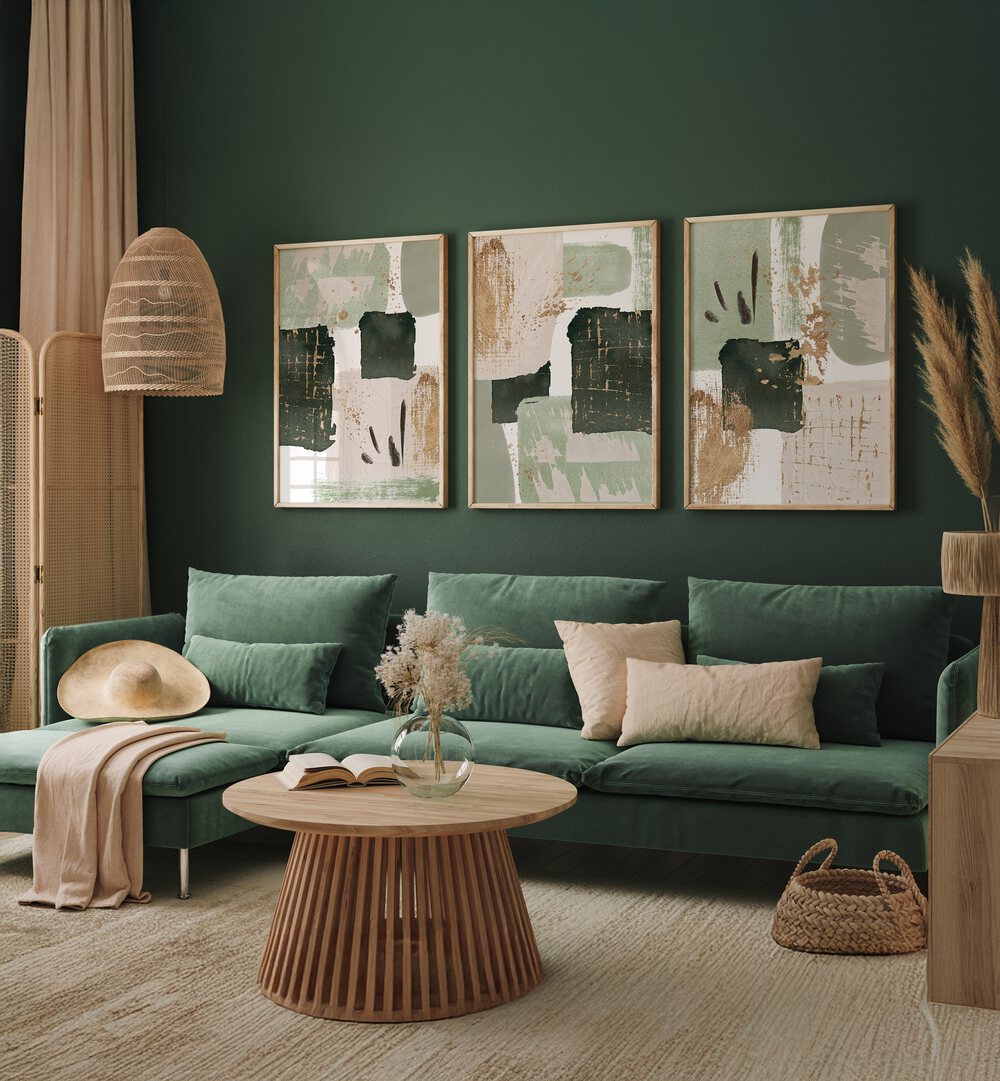 Enhance your home decor with the GREENS OF CURIOUSITY SET, SET OF 3 PAINTINGS, showcasing tranquil artistry.