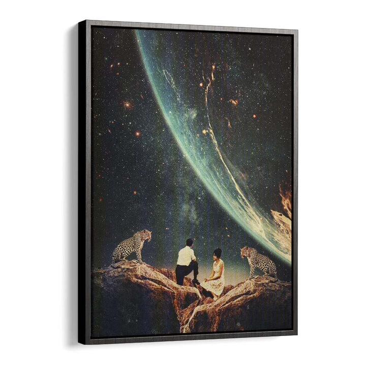 Surreal art prints of "Guardians of Our Future" by Frank Moth showcasing a cosmic scene with leopards and stargazers.