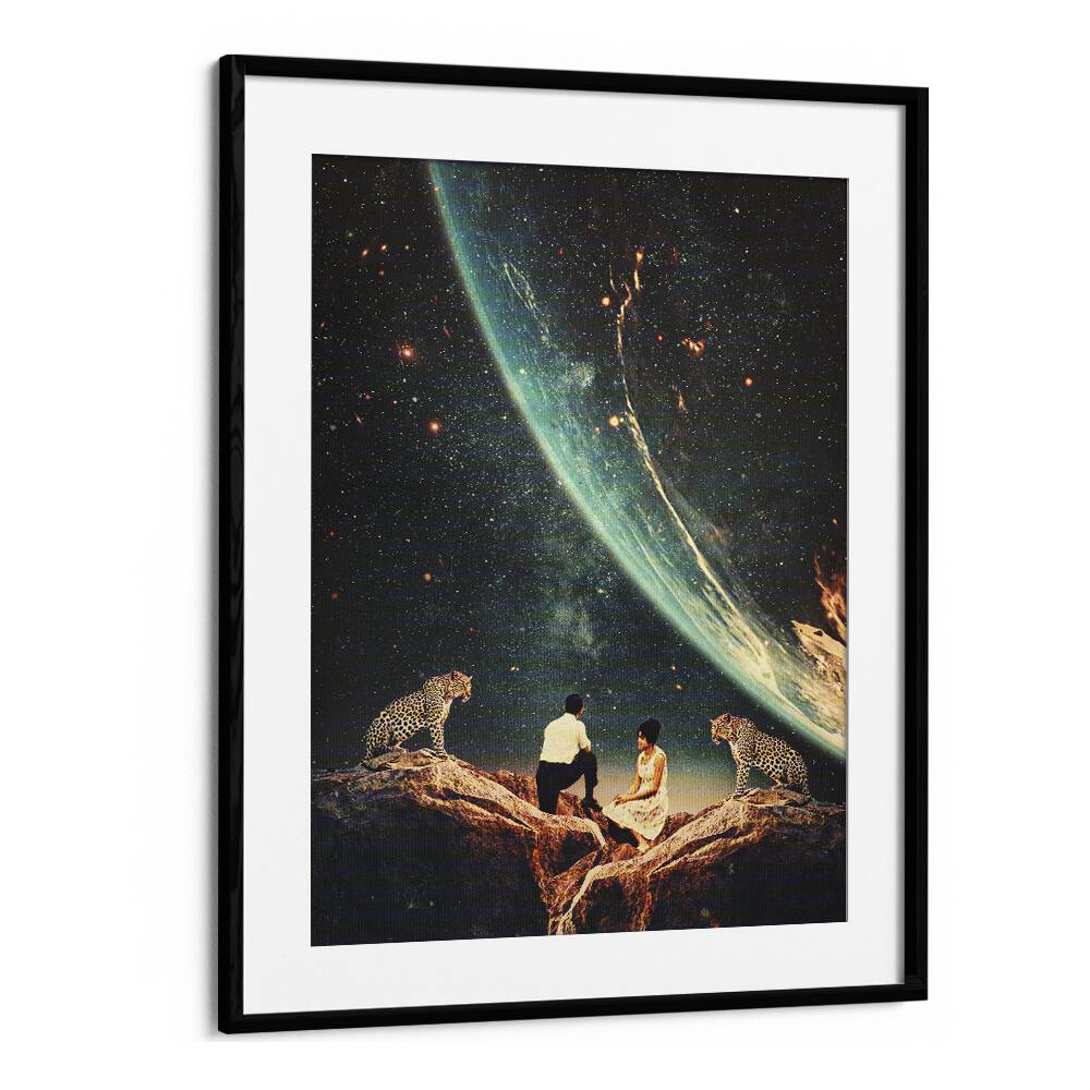 GUARDIANS OF OUR FUTURE, SURREAL ART PRINTS featuring captivating cosmic imagery by Frank Moth in a stylish black frame.
