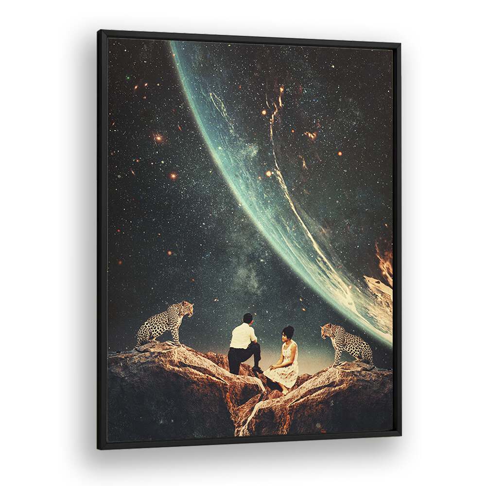 Surreal art print "GUARDIANS OF OUR FUTURE" by Frank Moth, featuring a cosmic scene with humans and leopards.