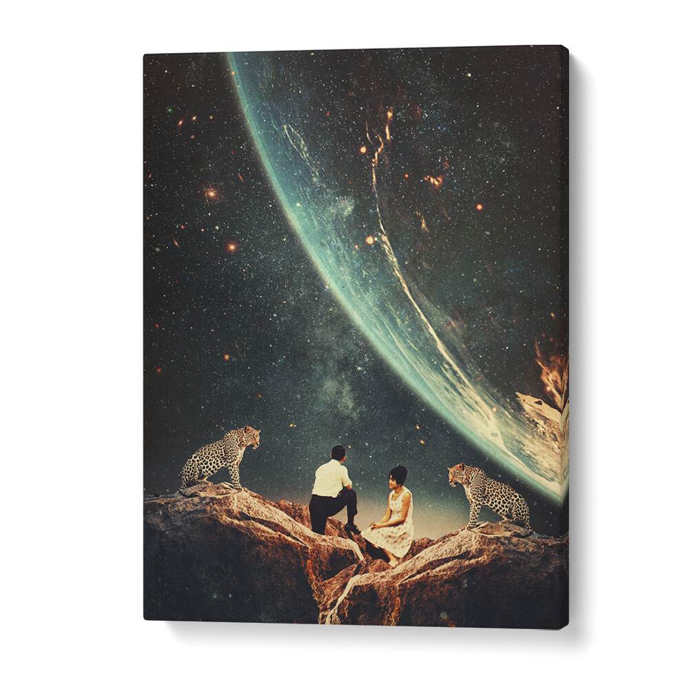 Surreal art prints featuring "Guardians of Our Future," blending cosmic themes with human connection. Perfect for space lovers.