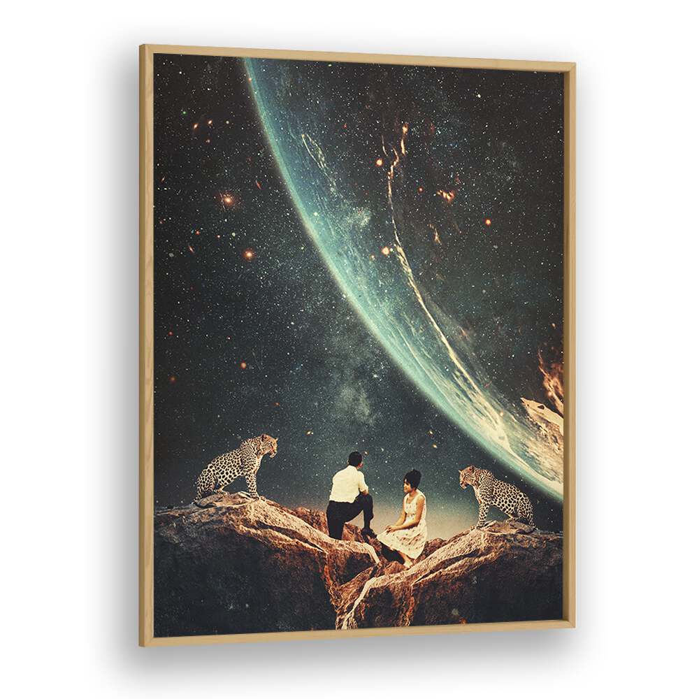 Captivating GUARDIANS OF OUR FUTURE, SURREAL ART PRINTS featuring a cosmic scene with humans and leopards by Frank Moth.
