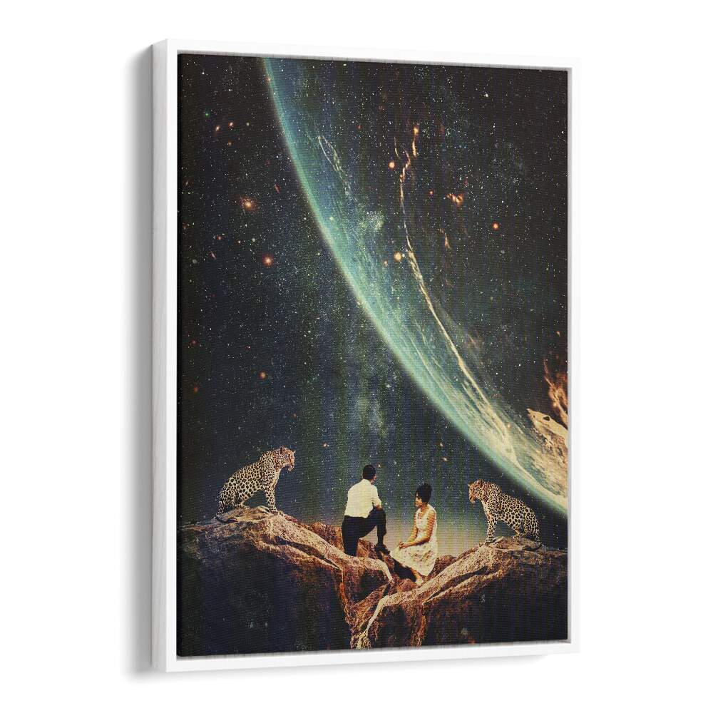 Stunning GUARDIANS OF OUR FUTURE, SURREAL ART PRINTS featuring cosmic scenes, leopards, and sitting figures by Frank Moth.