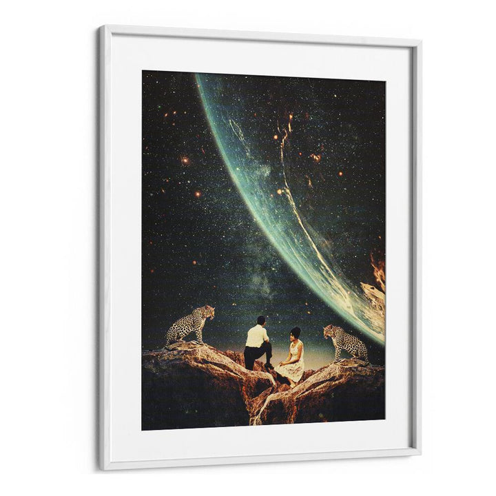 Surreal art print "Guardians of Our Future," featuring a cosmic scene with leopards and stargazers, by Frank Moth.