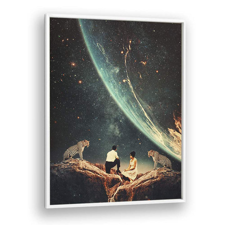 Surreal art print "GUARDIANS OF OUR FUTURE" by Frank Moth, featuring cosmic landscapes and captivating themes.