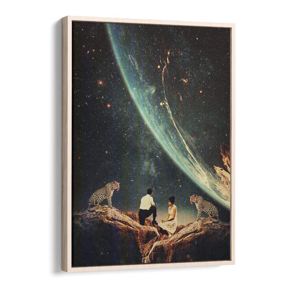 Stunning GUARDIANS OF OUR FUTURE, SURREAL ART PRINTS featuring a cosmic scene with leopards and two figures gazing at space.