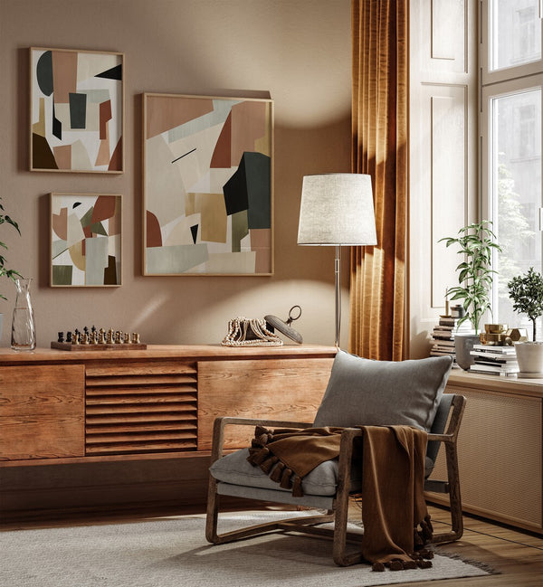 Stylish living room featuring NORDIC ORGANIC FORMS GALLERY WALL, GALLERY WALLS with abstract geometric prints.