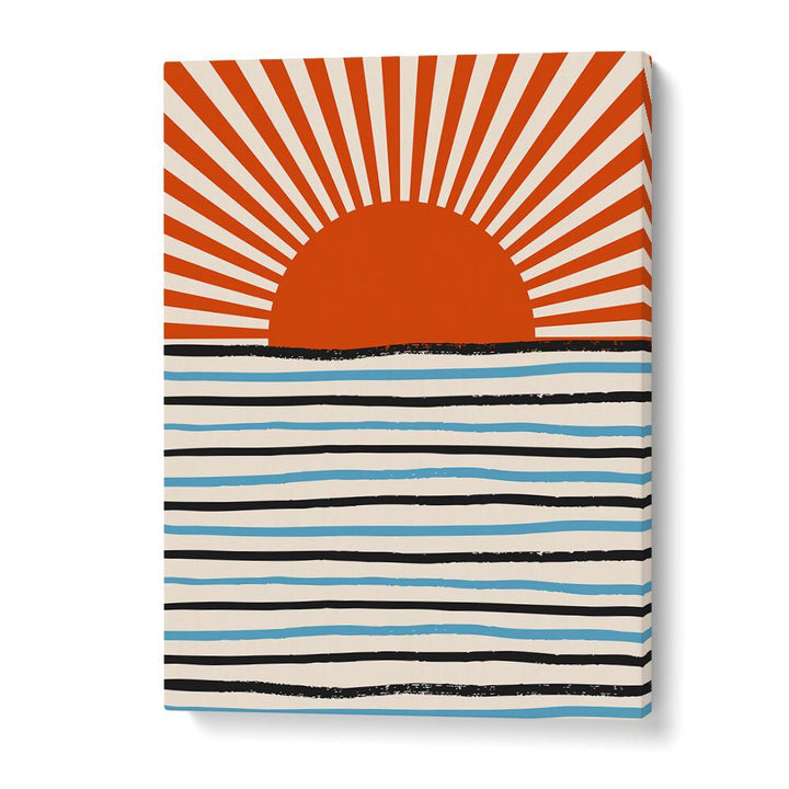 Bright red sun setting over calm blue sea in a modern design, perfect for your space. RED SUN AND SEA, LANDSCAPE PAINTINGS.