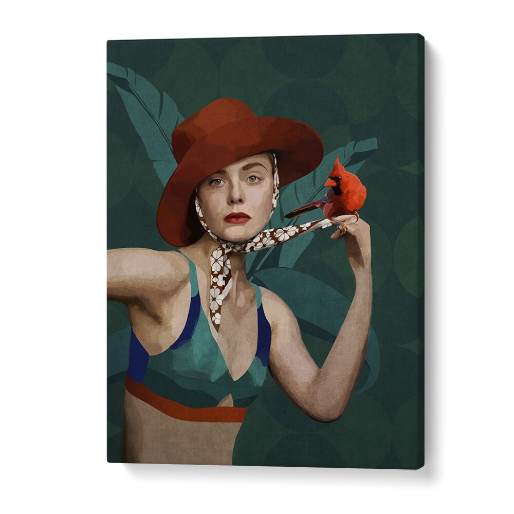 KARDINAL KUSLU KIZ, PORTRAITS showcases a stylish woman with a bird, enhancing any space with Emel Tunaboylu's art.