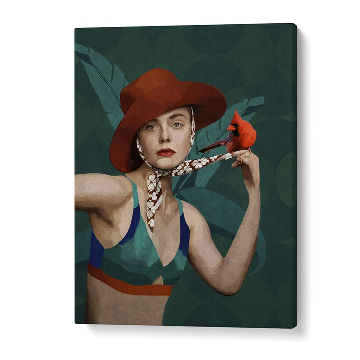 KARDINAL KUSLU KIZ, PORTRAITS showcases a stylish woman with a bird, enhancing any space with Emel Tunaboylu's art.