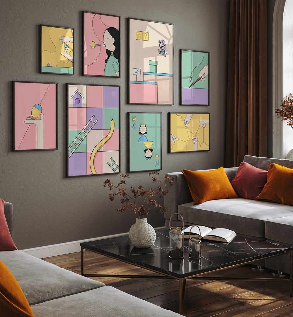 Stunning GAMES OF THE PAST GALLERY WALL showcasing vintage game-inspired art, perfect for stylish GALLERY WALLS.