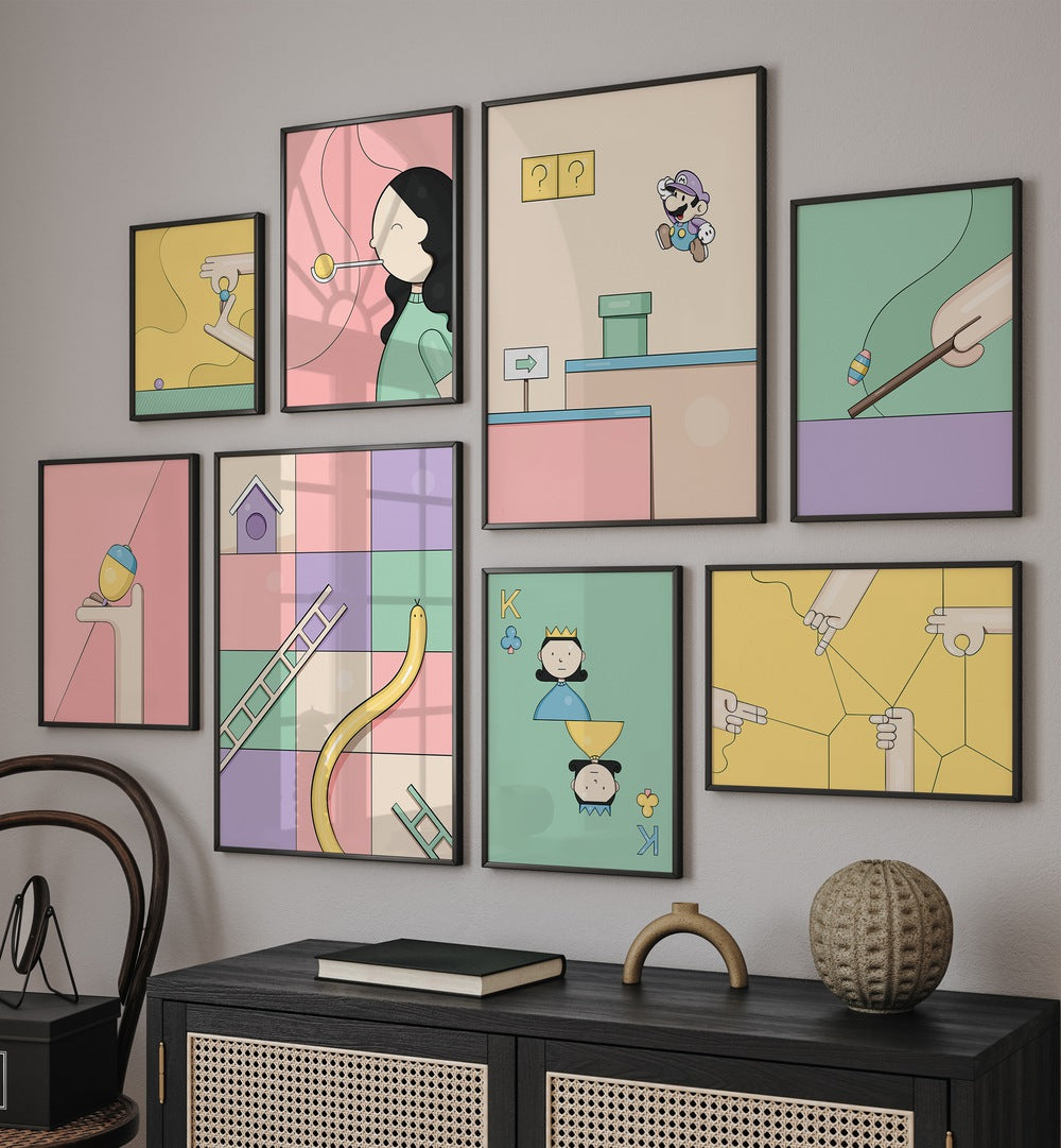 Explore the GAMES OF THE PAST GALLERY WALL, showcasing framed art celebrating vintage games by Samridhi Sharma.