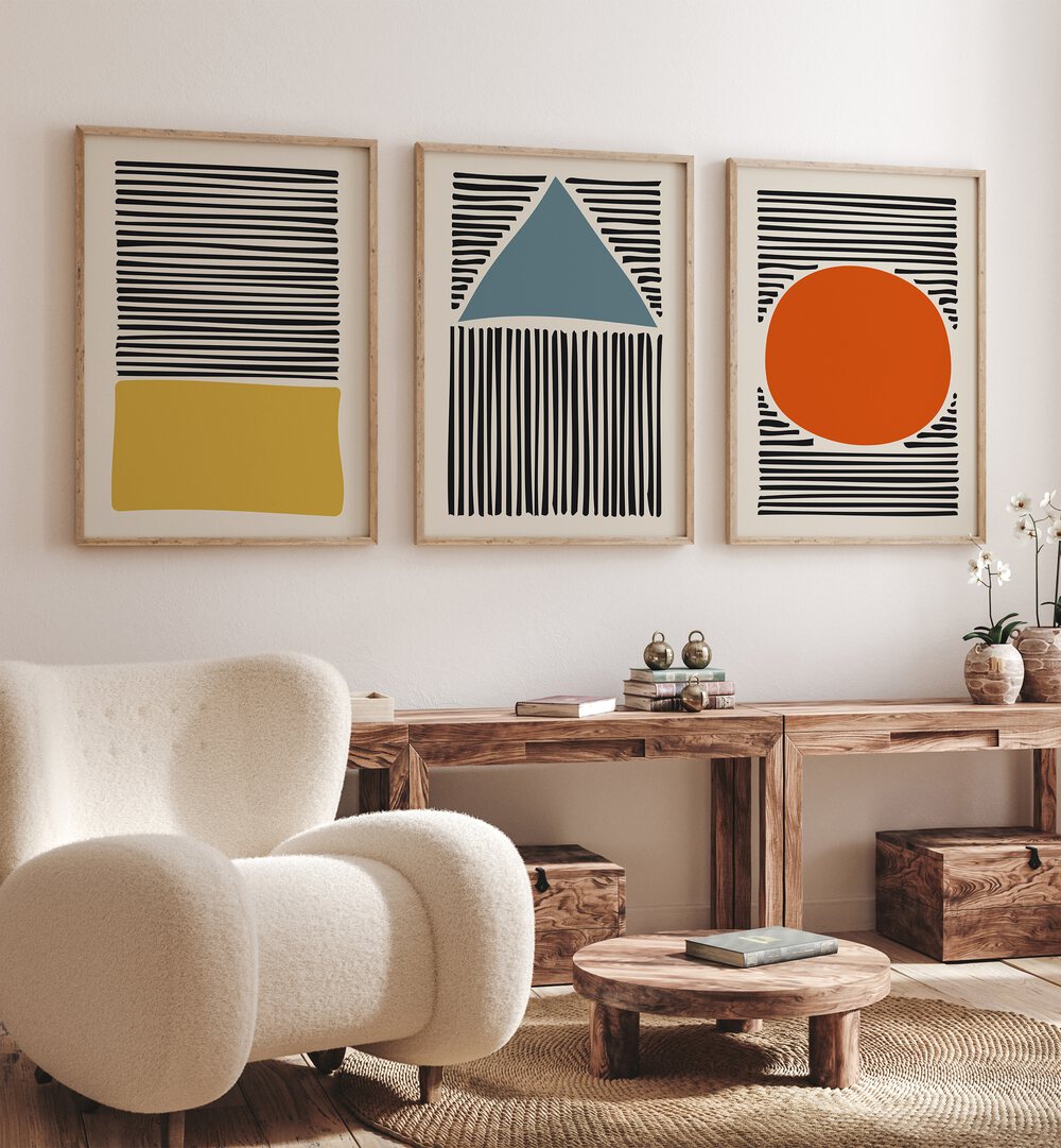 Transform your space with the GEO LINES SET, SET OF 3 PAINTINGS by Asian Monk, featuring modern geometric designs.