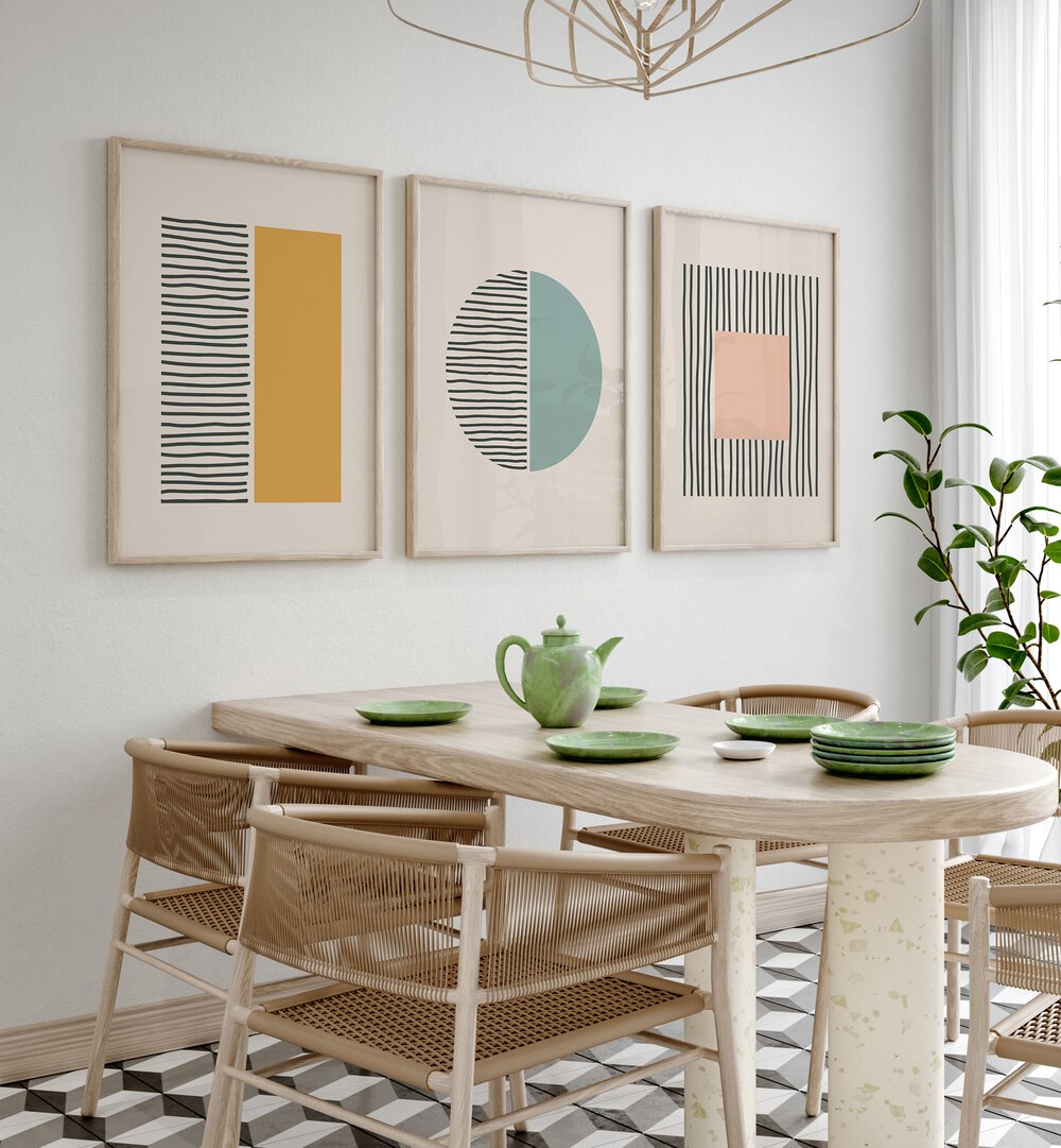 Enhance your decor with the GEOMETRIC DUALITY SET, SET OF 3 PAINTINGS featuring vibrant minimalist designs.