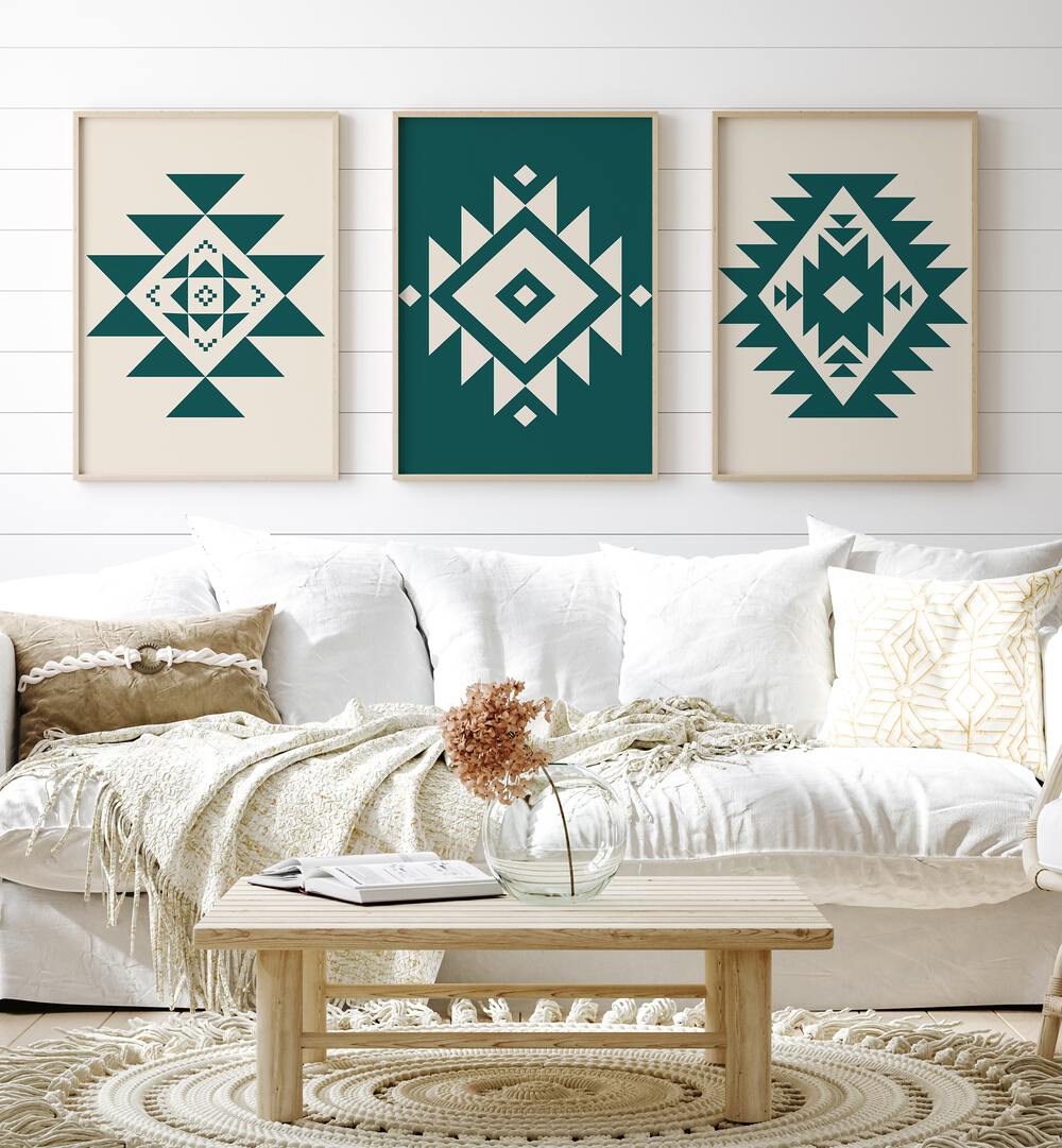 Transform your space with GEOMETRIC PATTERNS, SET OF 3 PAINTINGS featuring modern, striking designs.