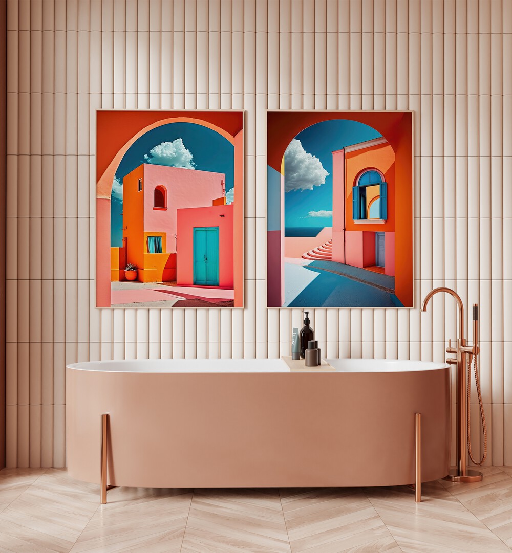 Brighten your home with the GEOMETRICAL VILLAGE SET, SET OF 2 PAINTINGS, showcasing vibrant modern designs.