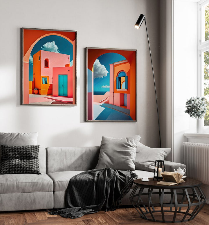 Enhance your decor with the GEOMETRICAL VILLAGE SET, SET OF 2 PAINTINGS showcasing vibrant geometric designs.