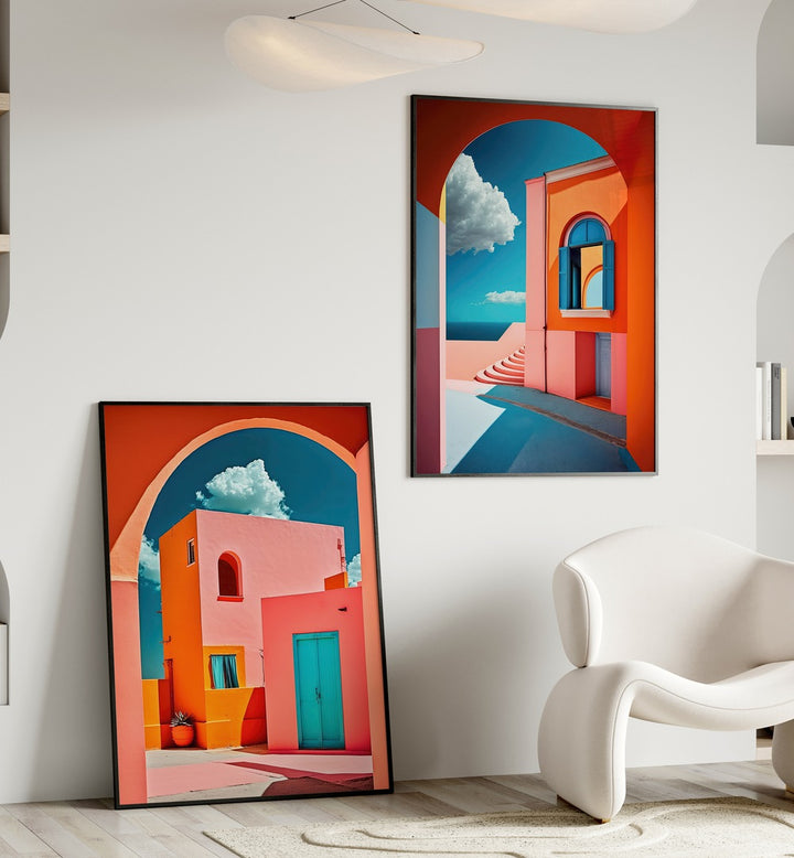 Vibrant GEOMETRICAL VILLAGE SET, SET OF 2 PAINTINGS showcasing minimalist architecture in modern decor.