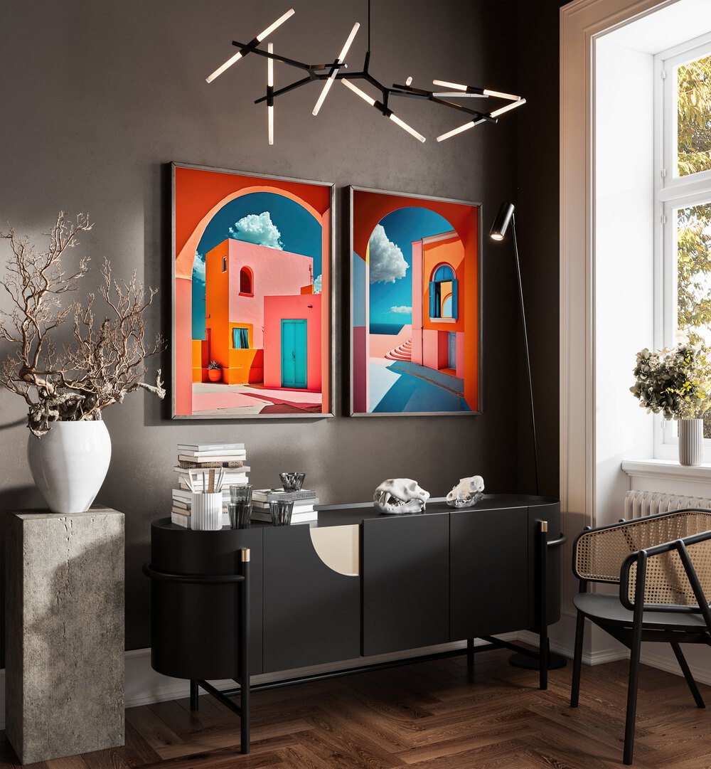 Brighten your space with the GEOMETRICAL VILLAGE SET, SET OF 2 PAINTINGS, showcasing vibrant, modern design.