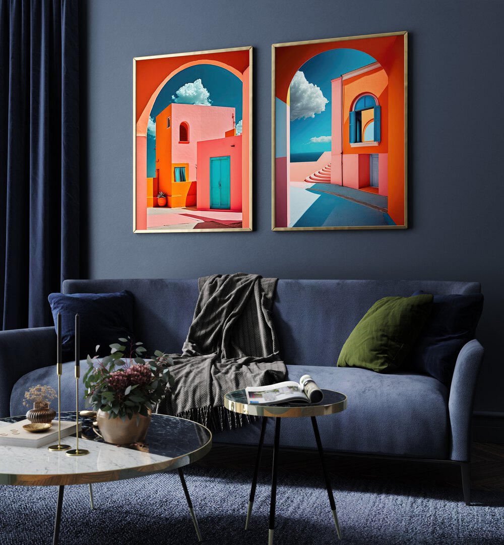 Bright and modern GEOMETRICAL VILLAGE SET, SET OF 2 PAINTINGS, enhancing your living space with vibrant design.