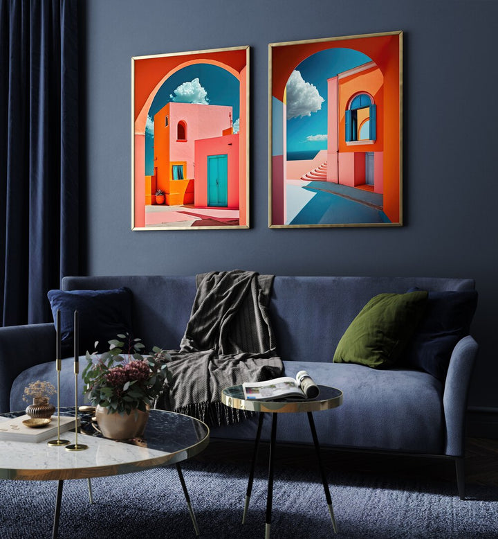 Bright and modern GEOMETRICAL VILLAGE SET, SET OF 2 PAINTINGS, enhancing your living space with vibrant design.