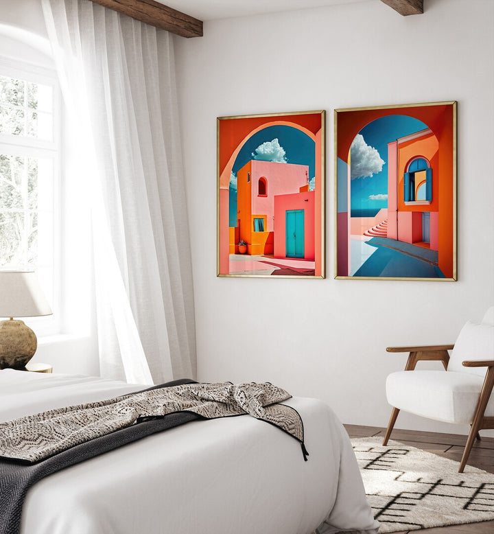 Brighten your space with the GEOMETRICAL VILLAGE SET, SET OF 2 PAINTINGS featuring vibrant, modern architecture.