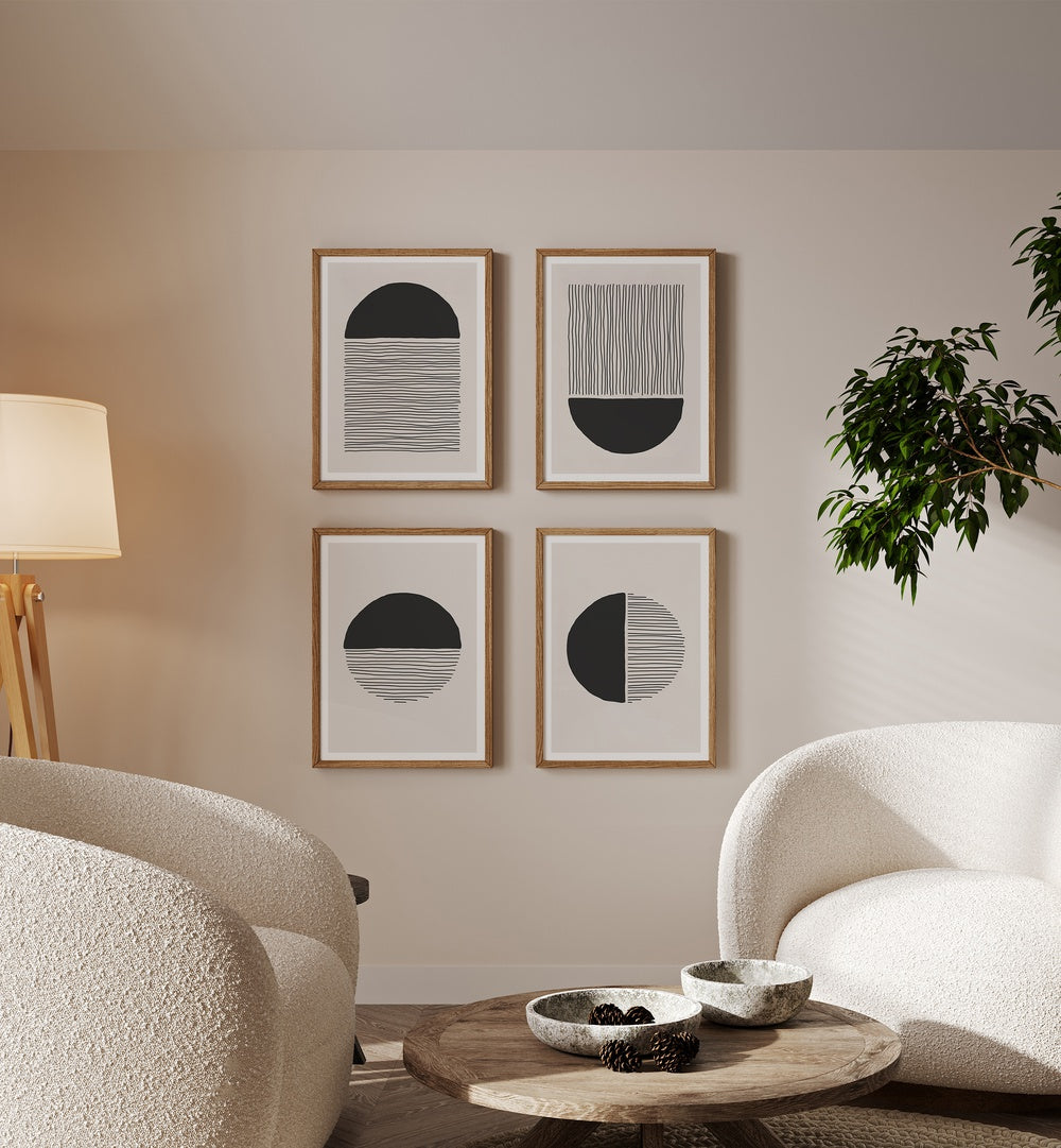 Stunning GEOMETRICAL STRINGS GALLERY WALL showcasing elegant black and beige abstract art, perfect for modern GALLERY WALLS.