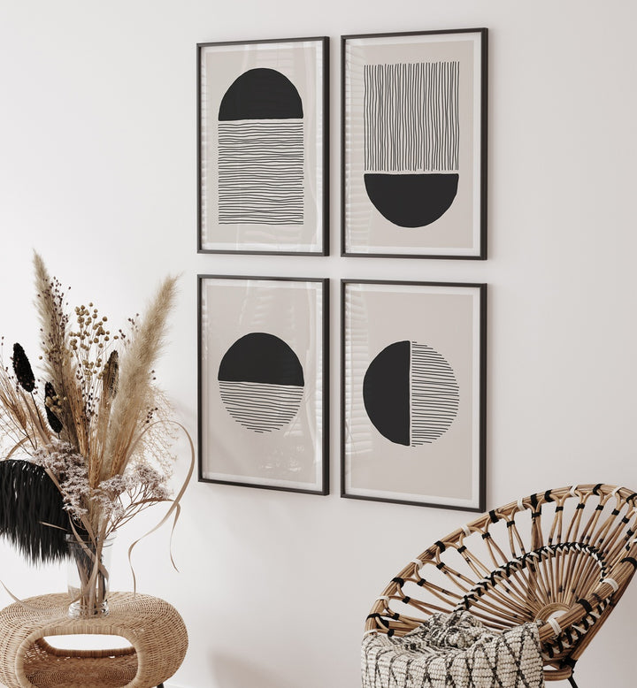 Stylish GEOMETRICAL STRINGS GALLERY WALL, showcasing abstract art in black and beige, perfect for modern GALLERY WALLS.