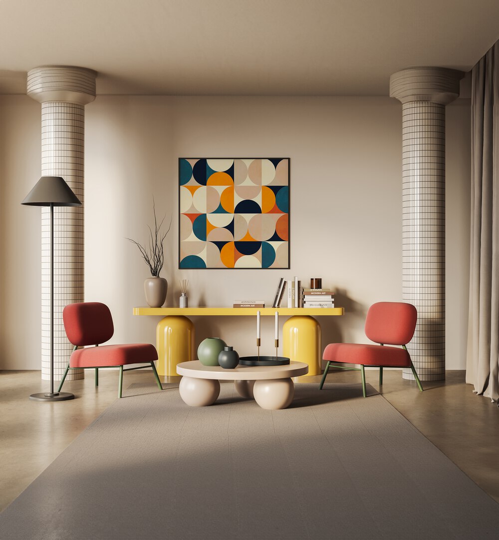 Elevate your space with GEOMETRY NEW BLEU CLAIRE, ABSTRACT PAINTINGS by Ana Rut Bre, featuring vibrant geometric designs.