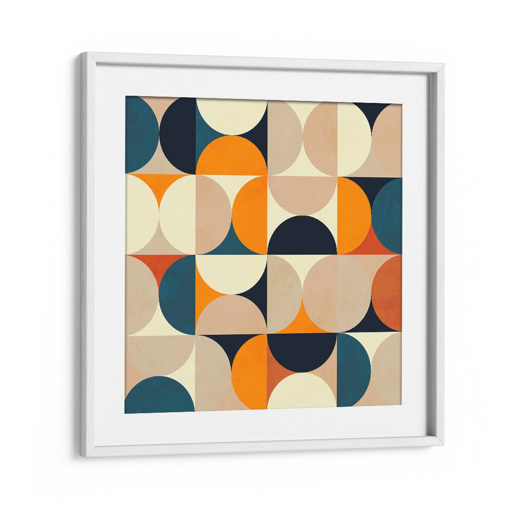 Geometry New Bleu Claire, abstract paintings featuring vibrant shapes in a white frame, elevate any space's aesthetic.