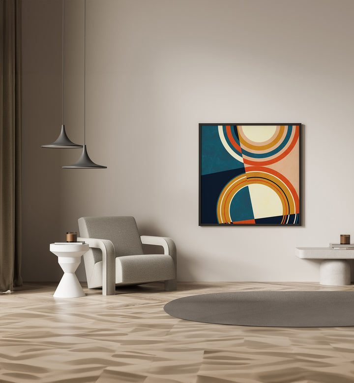 Modern living space featuring GEOMETRY NEW I, ABSTRACT PAINTINGS by Ana Rut Bre, showcasing vibrant colors and elegant design.