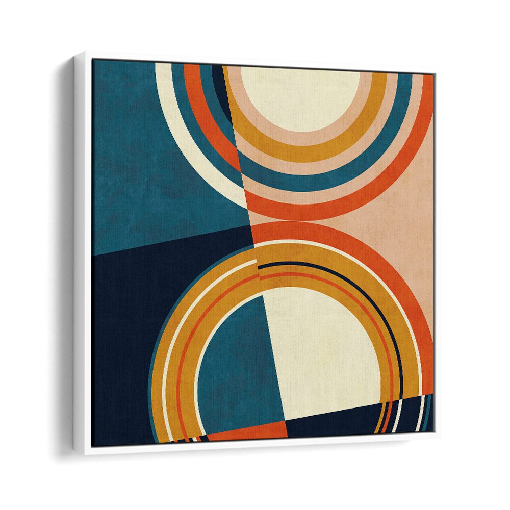 Stunning GEOMETRY NEW I, ABSTRACT PAINTINGS by Ana Rut Bre, featuring modern shapes in a white floater frame.